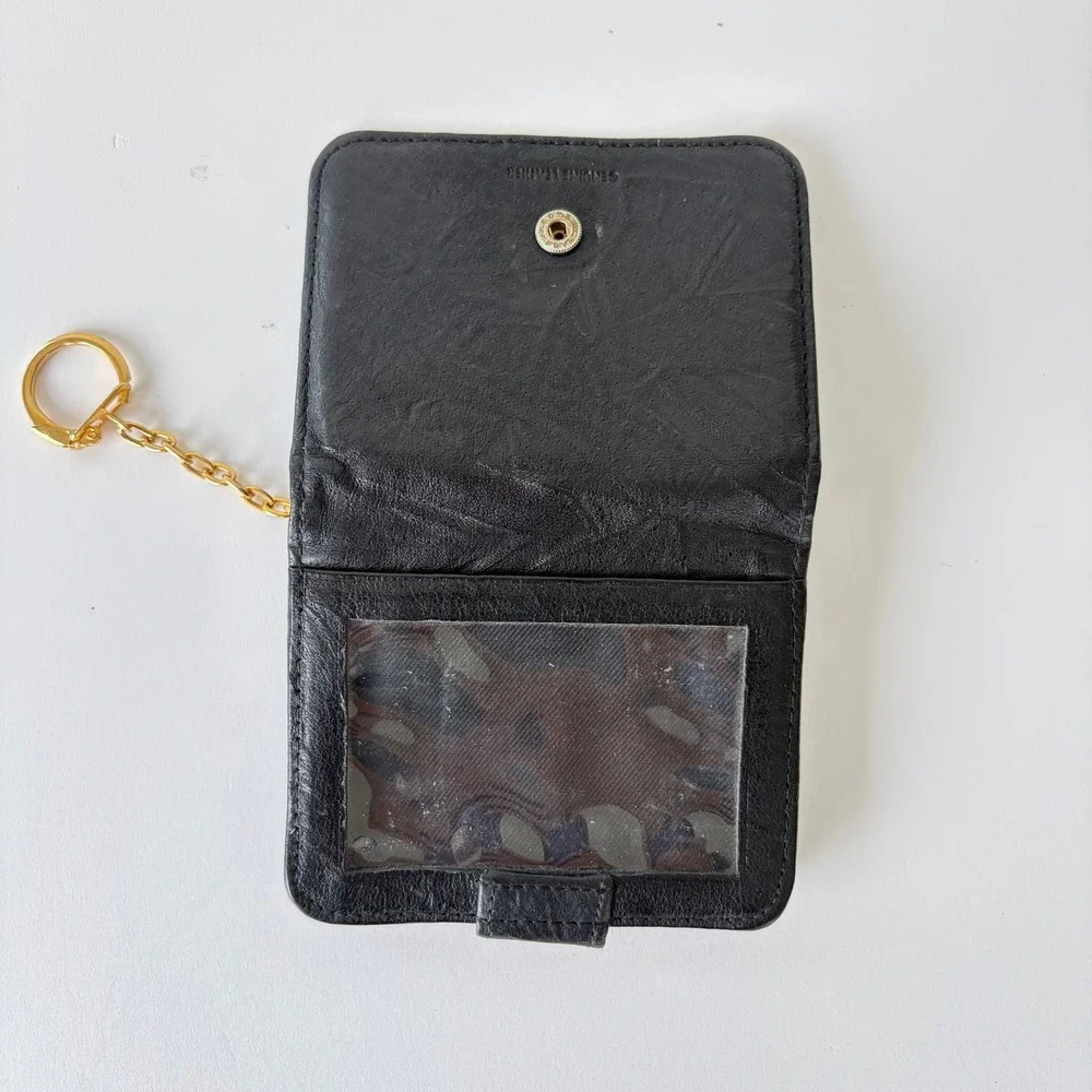 Vintage Black Genuine Leather Mini Wallet Keychain ID Window Bifold Coin Purse